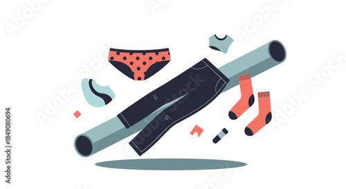 A minimalist and abstract illustration depicting various clothing items like jeans, socks, and underwear floating in a clean, modern style.