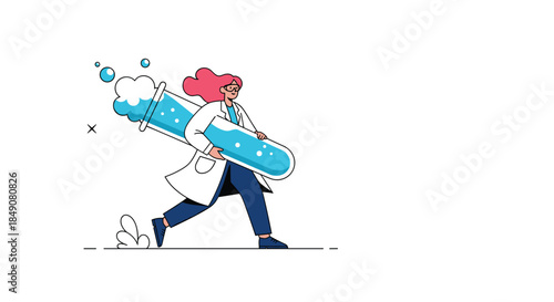 A dynamic cartoon illustration of a female scientist in a lab coat running with a large, bubbling test tube, symbolizing discovery.