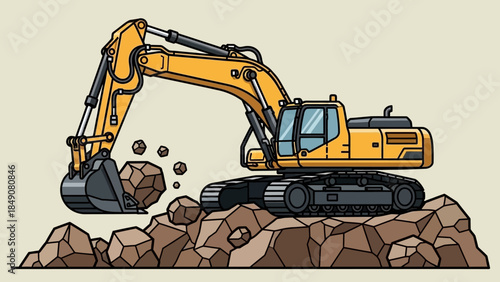 Heavy yellow excavator machine isolated on a white background for industrial construction and earth moving excavation work