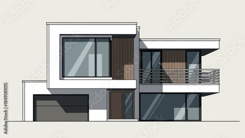 Modern residential building facade featuring contemporary architecture with glass windows and a wooden door under a clear blue sky