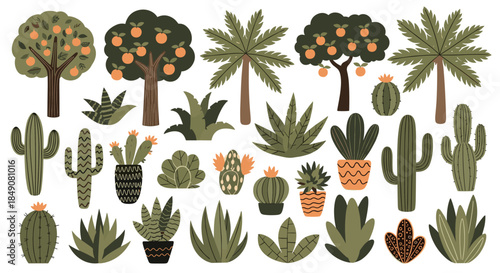 An extensive collection of various stylized plants, including potted cacti, succulents, palm trees, and citrus fruit trees.