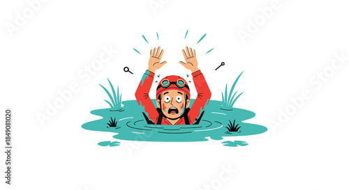 A cartoon illustration of a panicked man wearing a red helmet and goggles, drowning or sinking in water with his hands up.