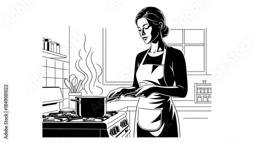 A funny cartoon illustration of a businesswoman sitting at a cafe desk with her laptop and computer working on internet technology