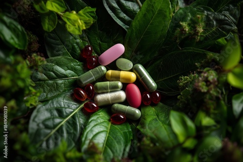 Assorted Pills and Capsules Within a Wooden Frame, Surrounded by Green Tropic...