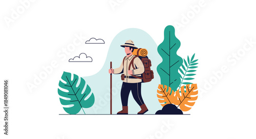 A flat design illustration of a male hiker with a large backpack and walking stick exploring a lush, leafy landscape.