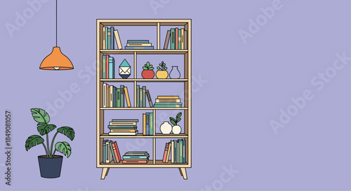 A cozy room interior scene with a wooden bookshelf filled with books and decor, a houseplant, and a hanging lamp on a purple wall.