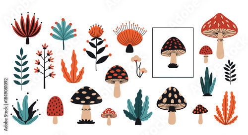 A vibrant collection of fantasy forest elements, featuring various types of stylized mushrooms, leaves, and abstract floral plants.