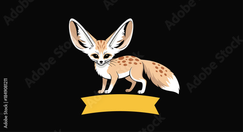 A cute illustration of a fennec fox with large ears and a spotted tail, standing over a blank yellow ribbon banner for text.