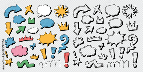 Cute kid scribble line flower, heart. rainbow background. Hand drawn doodle sketch childish element set. Flower, heart, cloud children draw style design elements background. Vector illustration