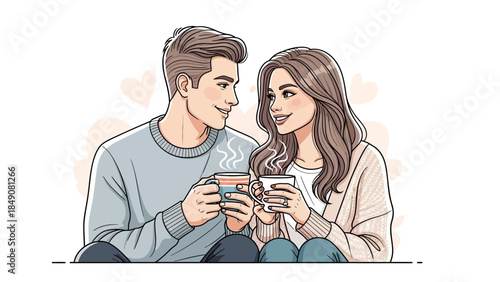 A happy young couple sharing a lifestyle moment of love and togetherness as they smile and enjoy drinking coffee and tea at home
