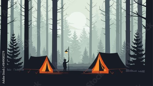 Two glowing tents in a dark forest with a person holding a lantern.