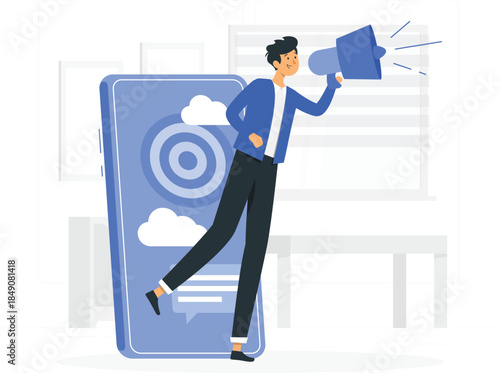 Man in blue jacket holding megaphone standing next to large smartphone with clouds and target