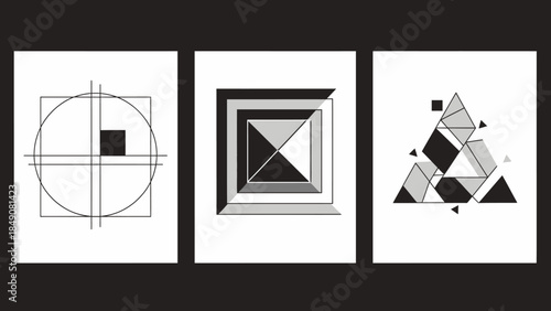 Geometric Abstraction: A triptych of minimalist designs, employing lines, shapes, and tonal contrasts to create a visual symphony of geometric forms. A balanced study in art, design.