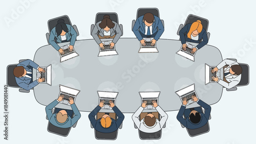 Collaborative Innovation: An overhead perspective captures the focused intensity of a diverse team collaborating around a central oval table.