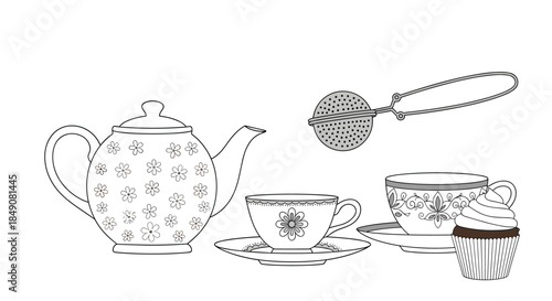 A charming hand-drawn, black and white set for a tea party, including a teapot, cups, a cupcake, and a tea infuser.