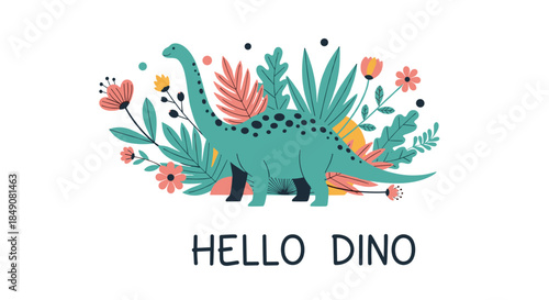 A cute cartoon illustration of a brachiosaurus dinosaur surrounded by tropical leaves and flowers with the text 'Hello Dino'.