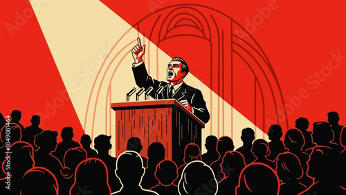 The Orator's Call: A striking illustration of an orator passionately addressing a crowd, with a single spotlight illuminating his powerful speech.