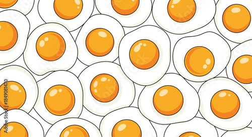 A seamless repeating background pattern of delicious-looking fried eggs with bright yellow yolks, perfect for a breakfast-themed design.