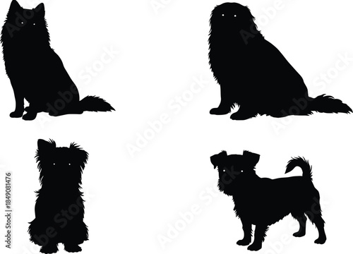 Dog silhouettes, breed variety, sitting posture, standing dog, fluffy tail, compact body, white background, black shapes, canine illustration, pet designDog silhouettes, breed variety