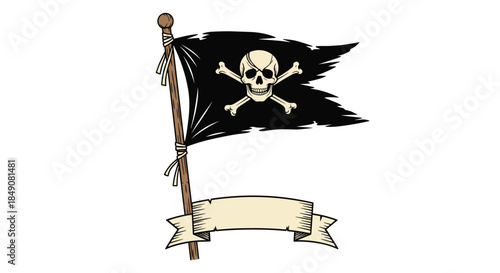 A hand-drawn illustration of a tattered black pirate flag with a skull and crossbones, flying on a wooden pole with a blank ribbon.