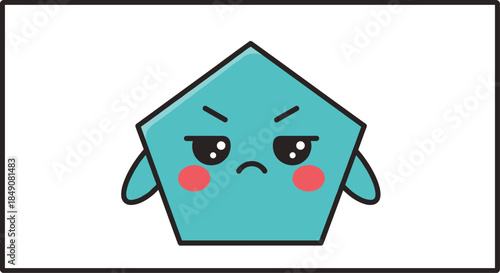 A cute kawaii-style cartoon pentagon character with an angry facial expression and blushing cheeks, inside a black border.