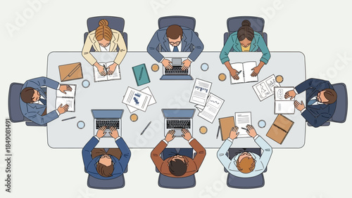 Collaborative Minds at the Round Table: Illustrative representation of a diverse group engaged in a crucial discussion around a conference table. Highlighting teamwork, strategic planning.