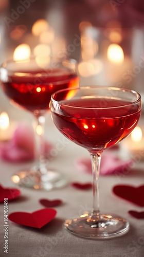 Two Flutes With Red Liquid and Hearts Create Romantic Valentines Day Setting