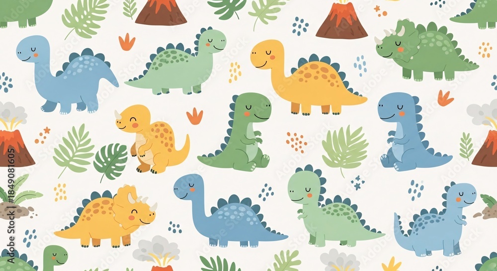 Fototapeta premium Colorful dinosaur pattern design with volcanoes and foliage elements