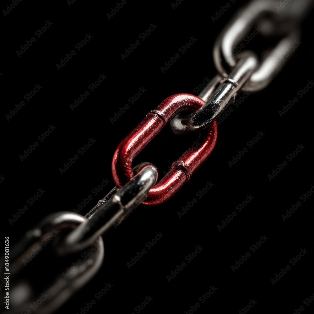 Fototapeta premium Single red chain link stands out from silver