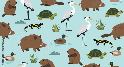A seamless pattern of various cute cartoon pond and forest animals like boars, beavers, turtles, and herons on a blue background.