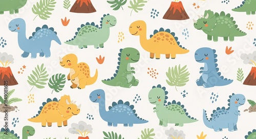 Colorful dinosaur pattern design with volcanoes and foliage elements