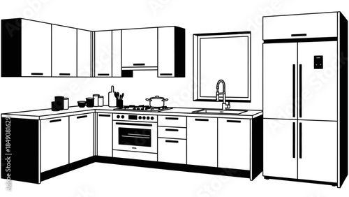 Monochromatic Kitchen Interior: A meticulously crafted monochrome depiction of a contemporary kitchen, illustrating sleek cabinetry, a modern refrigerator, and essential culinary equipment.