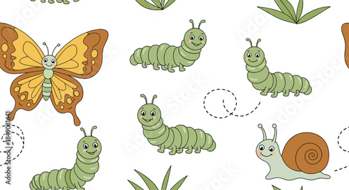 A cute and seamless pattern for children featuring smiling green caterpillars, a friendly butterfly, and a happy snail on white.