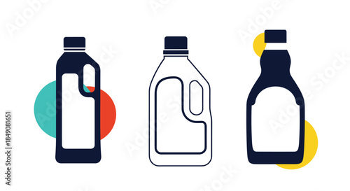 A set of three icons for household cleaning products, showing different plastic bottle shapes for bleach or detergent, in a modern style.