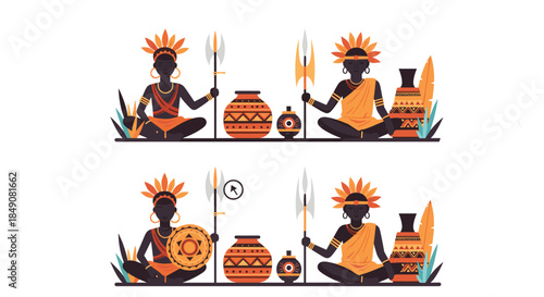 A 'spot the difference' puzzle game for children with two illustrations of tribal warriors sitting with pottery and weapons.