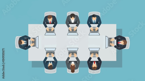Corporate Collaboration: Top-down view depicts a focused corporate meeting in progress. Executives, seated around a large table, are actively engaged in laptop. 