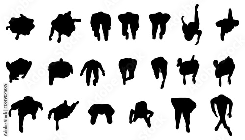 Collection of 21 human silhouettes showing expressive bending, crouching, twisted, and forward-leaning body positions. Ideal for motion analysis, posture studies, urban graphics, conceptual design.