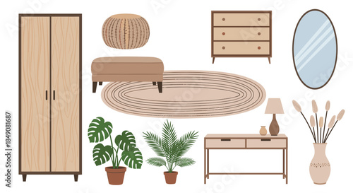 A set of modern and cozy boho-style furniture for a living room or bedroom, including a wardrobe, mirror, and potted plants.