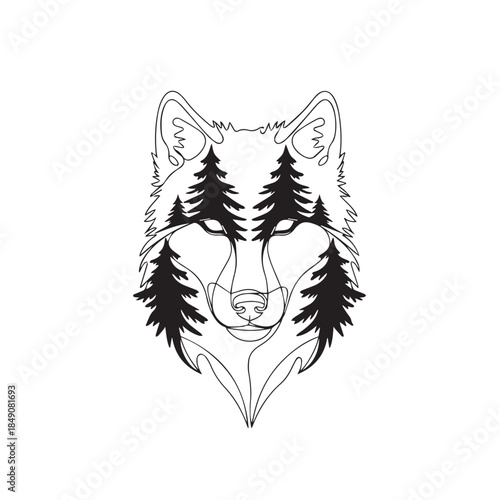 Minimalist Wolf Head with Forest Pine Trees Line Art Vector Illustration