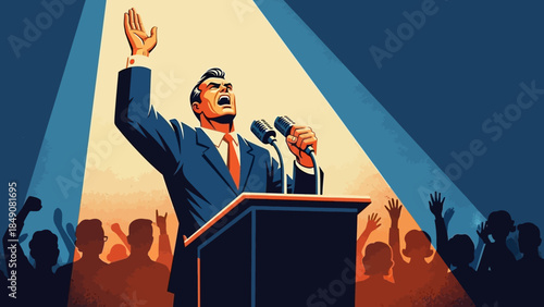 Rhetoric on the Rise: A figure stands confidently behind a podium, a beam of light illuminating his passionate speech. The crowd below reacts with enthusiasm. 