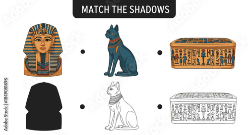 An educational 'match the shadows' game for children featuring ancient Egyptian artifacts like Tutankhamun's mask, a Bastet cat, and a sarcophagus.