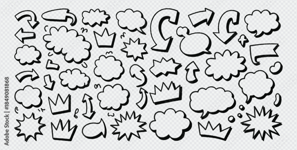 Fototapeta premium Simple sketch line style elements. Doodle cute ink pen line elements isolated on white background. Doodle arrow, heart, star, decoration symbol, icon set. Vector illustration.