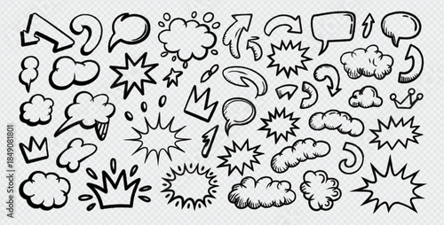 Sketch underline, emphasis, arrow shape set. Hand drawn brush stroke, highlight, speech bubble, underline, sparkle element. Vector illustration.