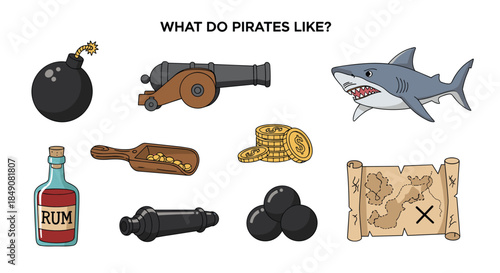 Educational quiz for children asking what pirates like, with a collection of classic pirate-themed icons like a treasure map and cannon.