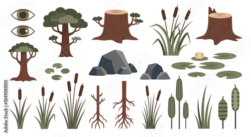 Collection of flat vector illustrations depicting various forest and swamp elements like trees, stumps, rocks, and reeds for design.