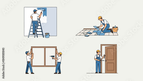 Home Improvement Montage: A compilation of skilled workers focused on different phases of a home improvement project, including painting, tiling, window installation, and door fitting.