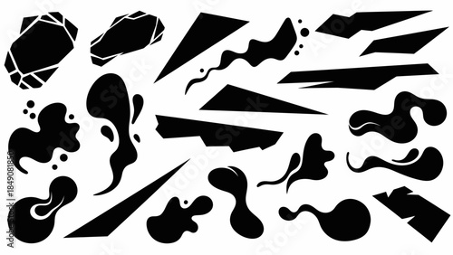 Abstract Shapes Silhouette: A captivating assembly of various black abstract shapes and forms on a clean background, ideal for graphic design and adding visual interest.