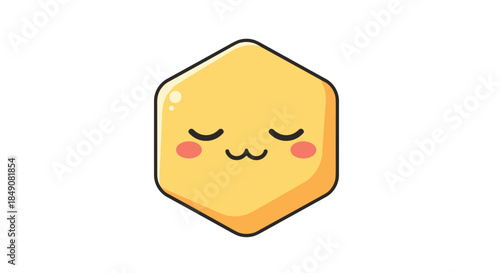 Adorable kawaii hexagon character with a cute smiling face, closed eyes, and rosy cheeks, a simple geometric emoji icon design.