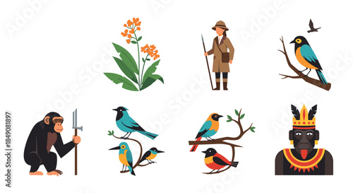 Collection of safari and jungle exploration icons including an explorer, a native person, a chimpanzee, and various exotic birds.