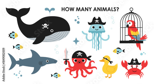 Educational counting game for children with cute pirate sea animals like a whale, shark, and octopus to count and learn numbers.